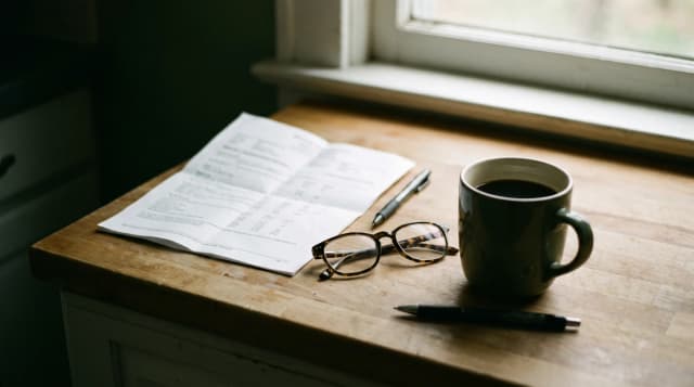 A printed blood-test report on a wooden counter beside a mug of black coffee, reading glasses and a pen, in early morning window light.