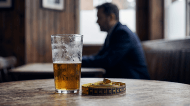 A glass of beer and a measuring tape next to a male silhouette