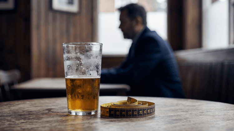 A glass of beer and a measuring tape next to a male silhouette
