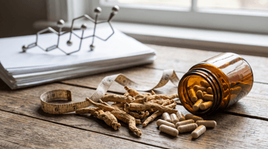 Ashwagandha roots and capsules with testosterone molecule structure.