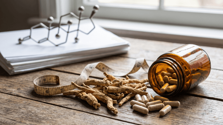 Ashwagandha roots and capsules with testosterone molecule structure.