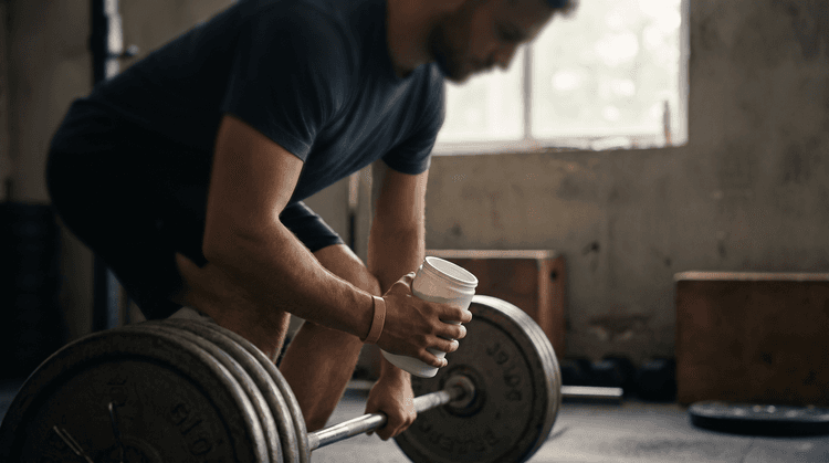 Male athlete lifting weights with creatine supplement