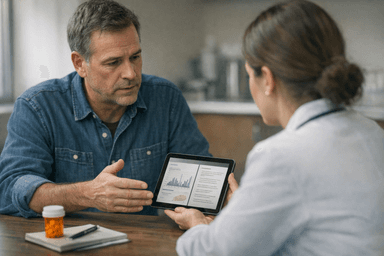 A man discussing Enclomiphene side effects with a healthcare professional.
