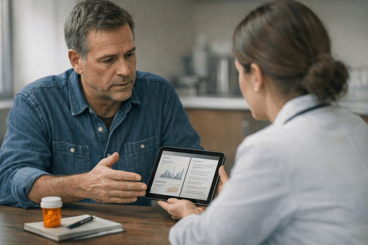 A man discussing Enclomiphene side effects with a healthcare professional.