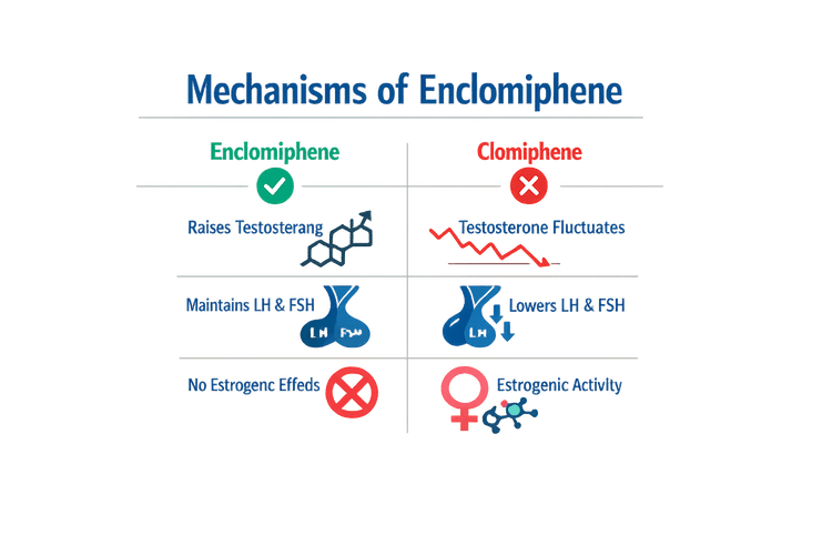 Mechanisms of Enclomiphene showing how the trans-isomer blocks estrogen receptors to raise testosterone in Enclomiphene vs Clomiphene comparison