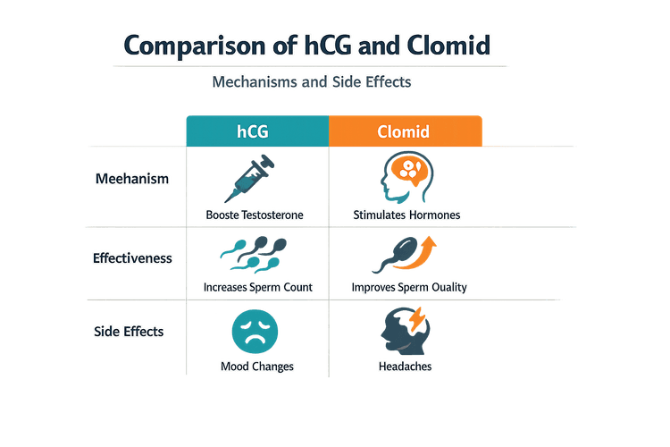 Comparison of hCG and Clomid mechanisms and side effects for male fertility preservation