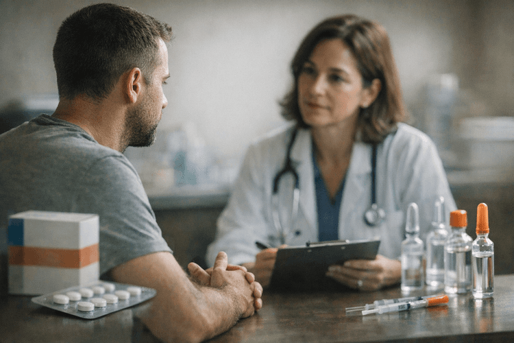 A man discussing fertility options with a doctor.