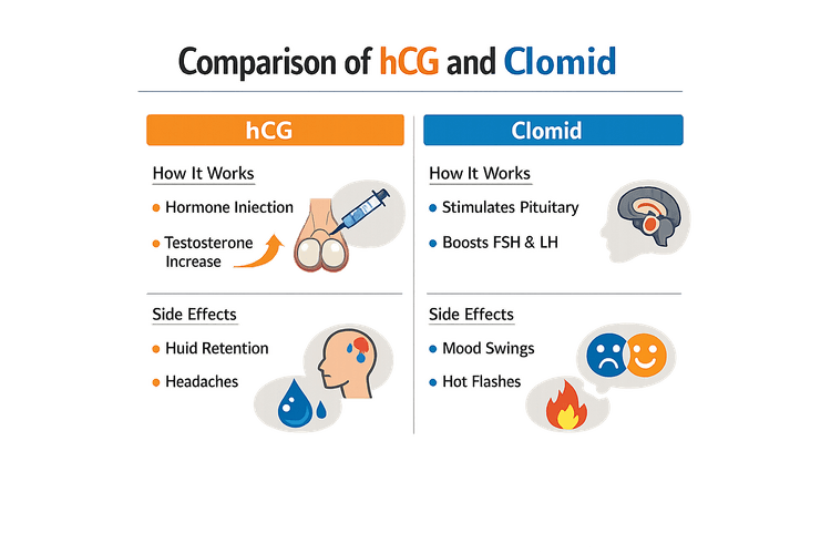 Comparison chart showing hCG vs Clomid for Men mechanisms and fertility preservation outcomes