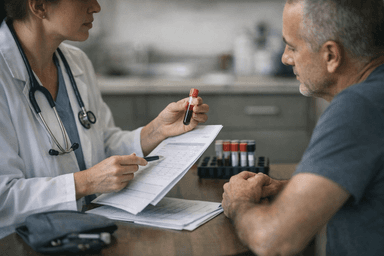 A healthcare professional discussing hematocrit levels with a patient.