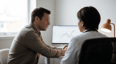 A healthcare provider discussing testosterone testing with a male patient.