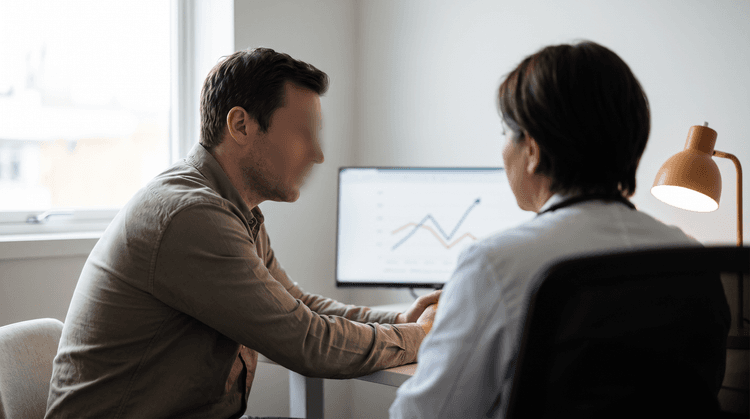 A healthcare provider discussing testosterone testing with a male patient.