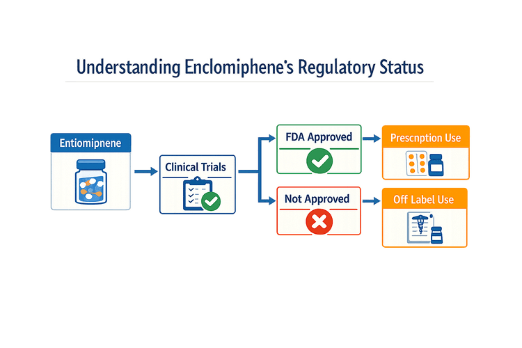 Infographic illustrating the steps to understand Enclomiphene FDA approved regulatory status.