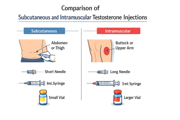 Comparison of subcutaneous and intramuscular testosterone injections.