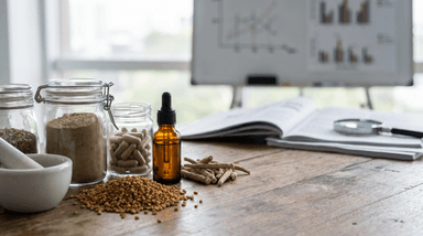 Close-up of testosterone booster ingredients with a scientific backdrop
