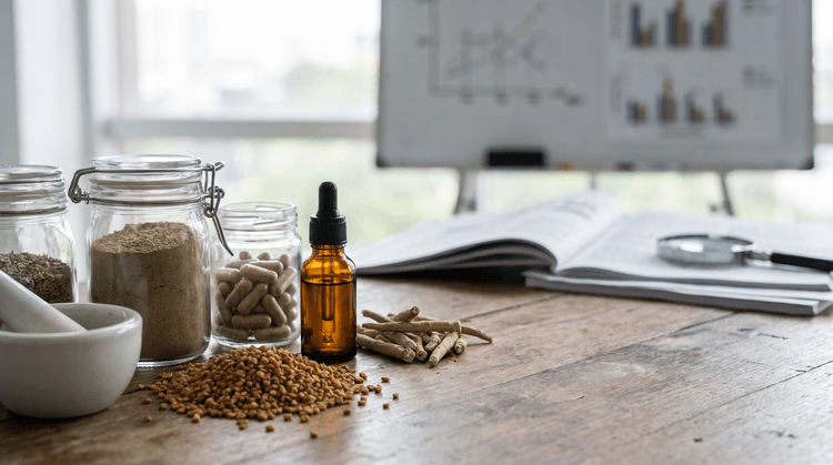 Close-up of testosterone booster ingredients with a scientific backdrop