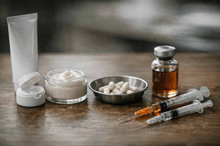 An array of testosterone delivery methods including gel, cream, pellets, and injections.