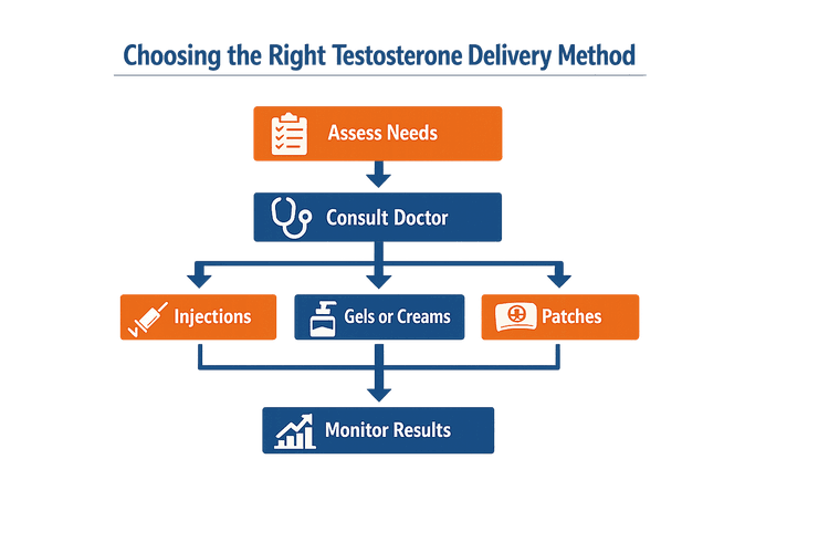 A flowchart illustrating steps to choose the right testosterone delivery method