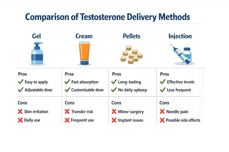 Comparison of testosterone delivery methods showing gels, creams, pellets and injections side by side