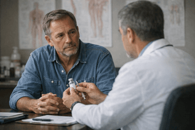 A middle-aged man discussing testosterone replacement therapy with a doctor.