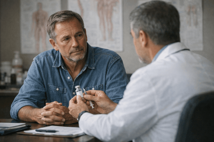 A middle-aged man discussing testosterone replacement therapy with a doctor.
