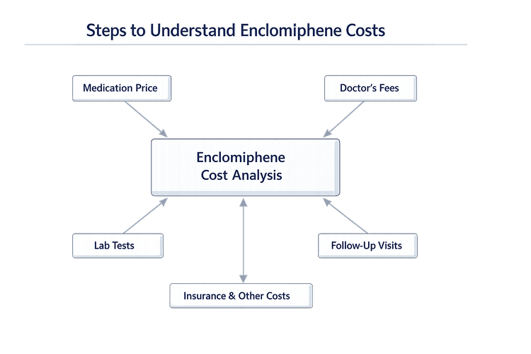 Steps to understand Enclomiphene costs showing factors affecting monthly pricing