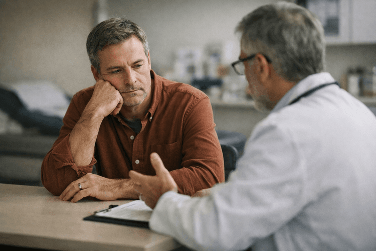 A man discussing SHBG levels with a doctor in a medical office.