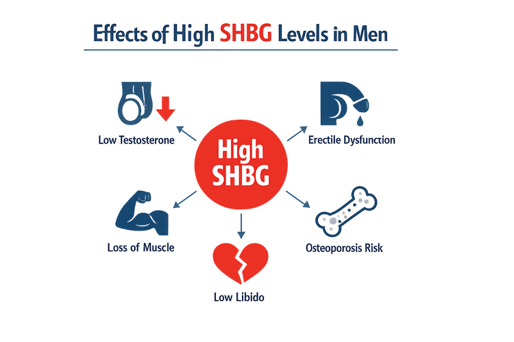 Infographic showing health impacts of high SHBG levels in men.