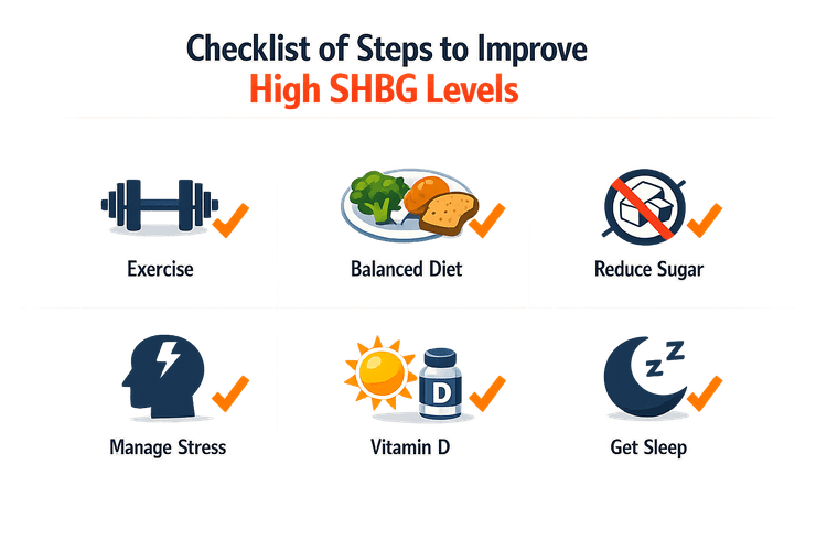 Checklist of steps to improve high SHBG levels.