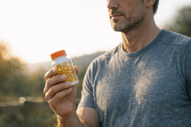 A man with Vitamin D supplements in a sunny setting