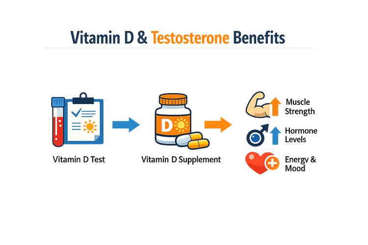 Infographic showing vitamin D and testosterone assessment and benefits