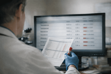 A medical professional examining a testosterone lab panel