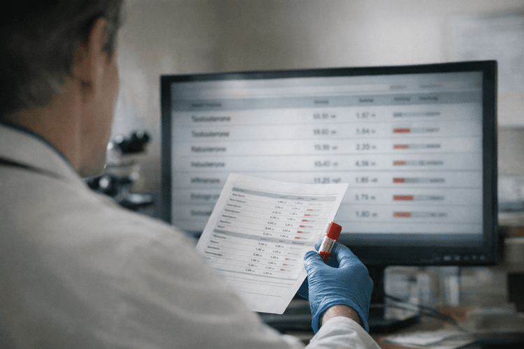 A medical professional examining a testosterone lab panel