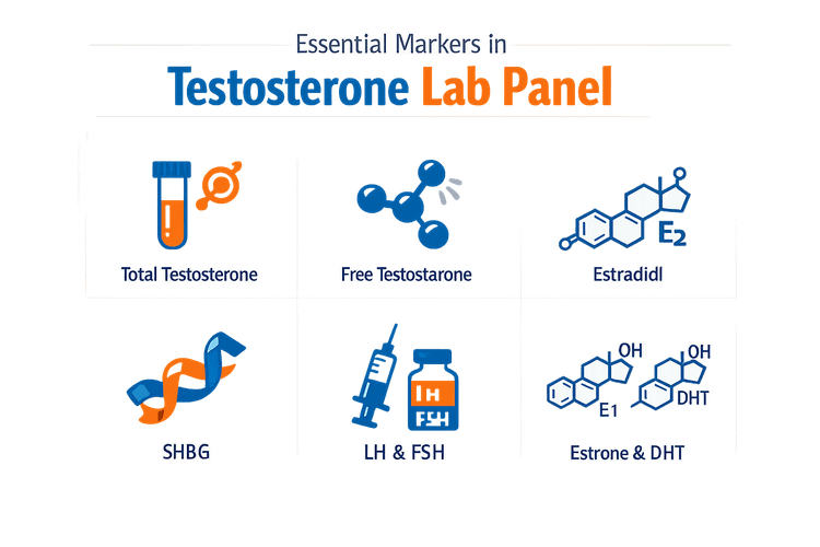 Infographic showing essential markers in a comprehensive testosterone lab panel including total testosterone, free testosterone, SHBG, LH, FSH, and estradiol
