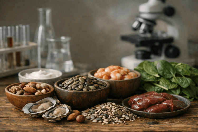 Zinc-rich foods and lab background